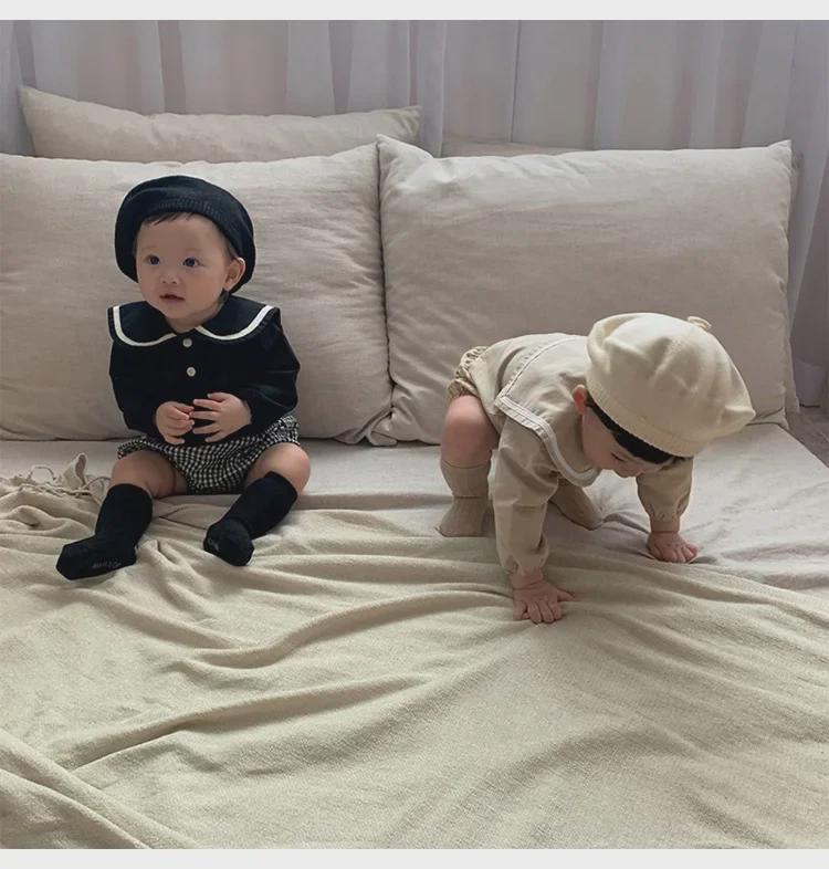 2024 Autumn Korean Navy Plaid Top & Shorts Set for Boys and Girls