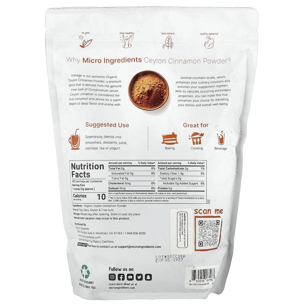Micro Ingredients Organic Ceylon Cinnamon Powder, 2 Lb (907 G)