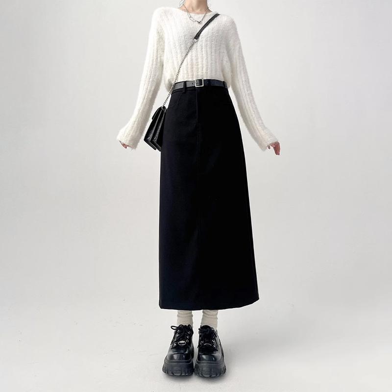 Women Split Suit Midi Skirts Summer Slim High Waist A Line Skirt Female Elegant Casual Office Lady Korean Vintage Black