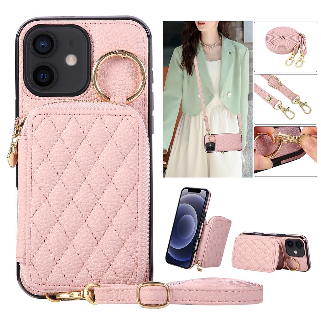 For iPhone 7/8 Plus/XR/Xsmax/11 Pro/12 Mini Fashion Zipper Style Phone Case Wallet Cover with Strap