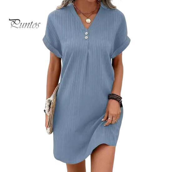 

Летнее женское платье с V-образным вырезом и пуговицами с короткими рукавами Свободный однотонный пуловер Повседневная повседневная одежда Мини-платье для свиданий 3XL светло-синий