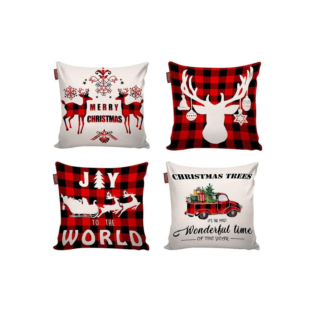Set of 4 Merry Christmas Decorative Throw Pillow/Cushion Covers - CC219 - (18 X 18 INCH, Red & Off-White)