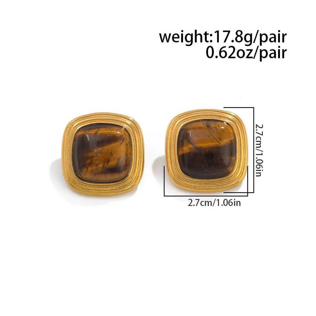 Salircon Classic Retro Tiger Eye Stud Earring For Women 18K Gold Plated Stainless Steel Piercing Ear Accessories Jewelry Gifts