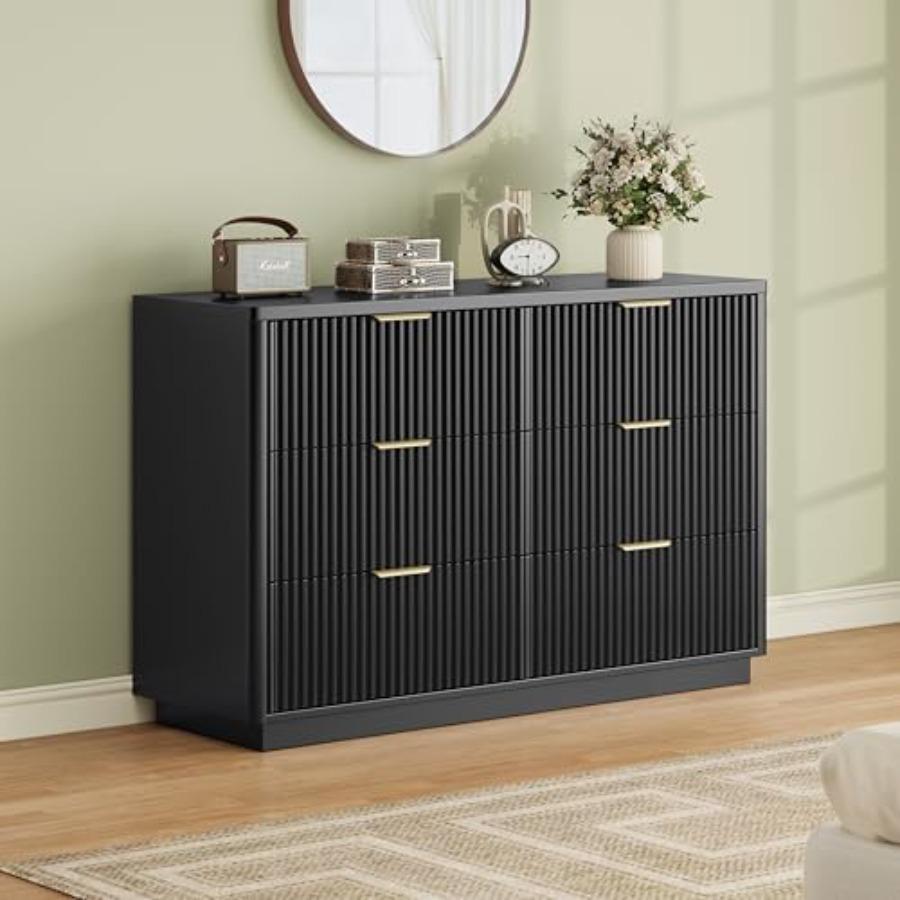 Fluted Dresser for Bedroom with 6 Drawers, 47" W Modern Chest of Drawers with Metal Handles, Wood Dresser TV Stand, Closet Dres