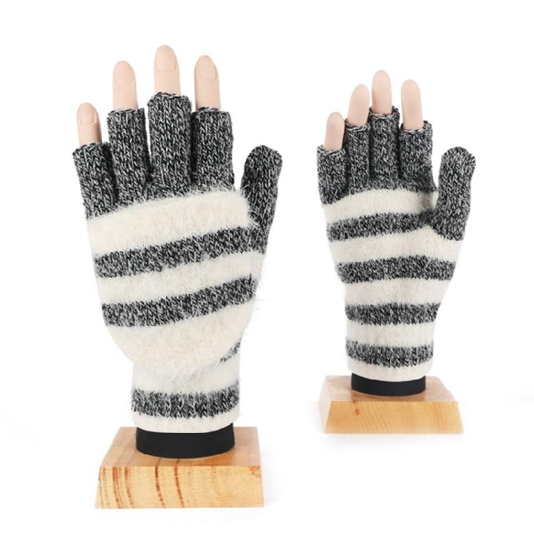 Striped Pattern Glove Plush Fingerless Mittens with Flip Top Knitted Gloves