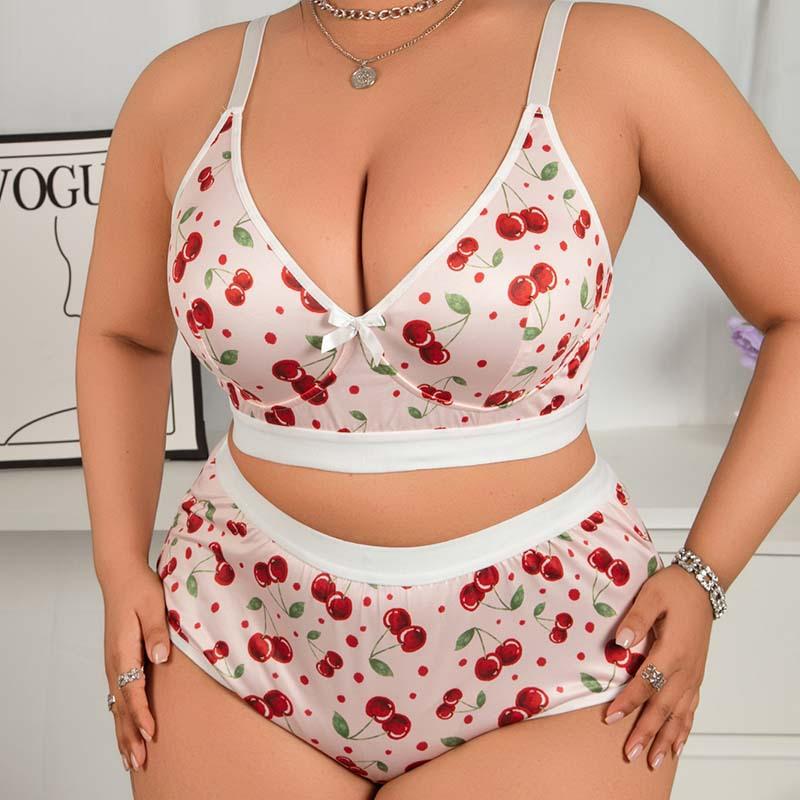 European and American Cherry Floral Sexy Lingerie Women's Thin Bra Top Push-up Pure Desire Style Large Size Bra and Panty Set