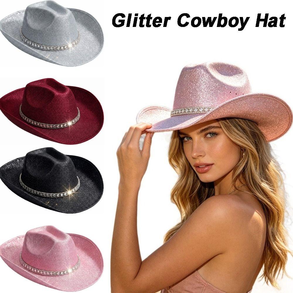 Rhinestone Band Glitter Cowboy Hat Wide Curved Brim Western Cowboy Hat Festival Accessory