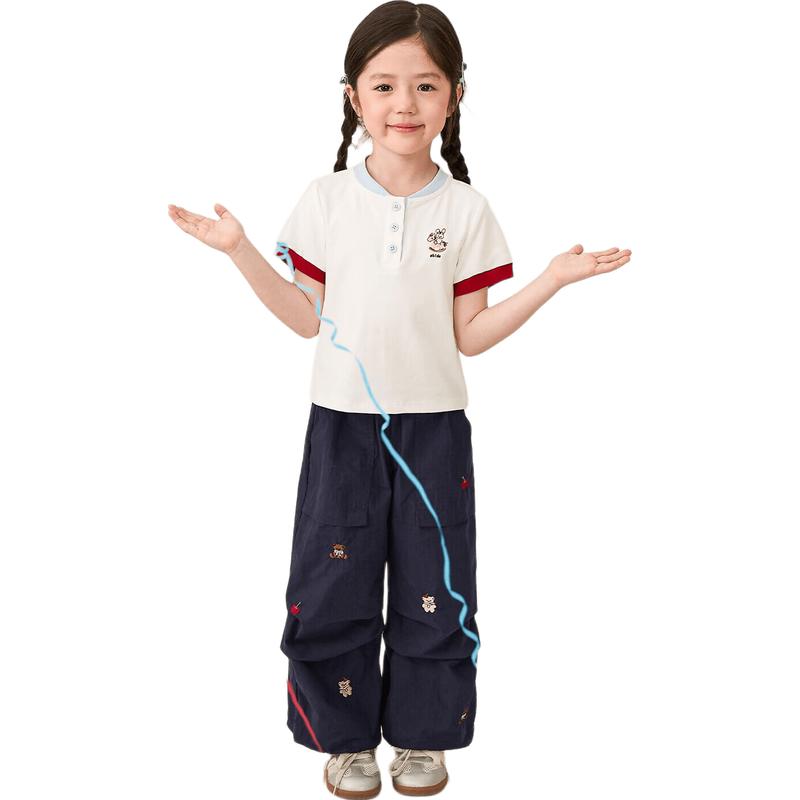 LUSON Girls' Summer Henry Collar Color-block Short Sleeve T-shirt