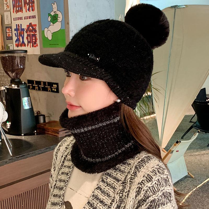 Fleece warm knitted hat women's autumn and winter plush line duck tongue baseball cap scarf cover show face cap
