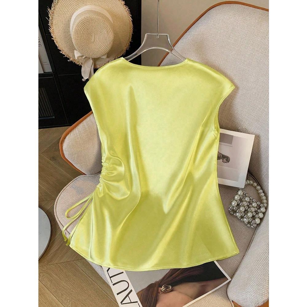 Einfarbige Satin-Kurzarm-T-Shirt-Bluse für Damen, Sommerlich Dünn und Stilvoll, V-Ausschnitt, Slim Fit