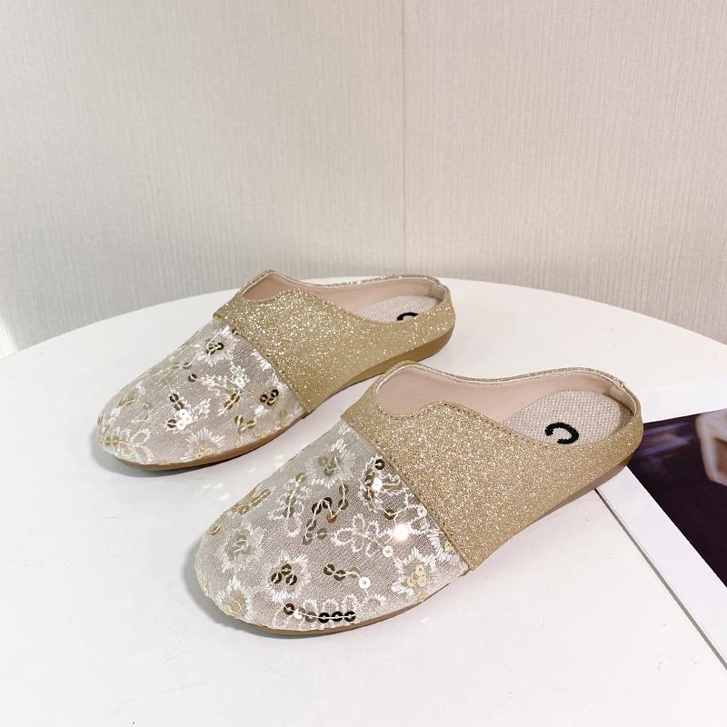 Fashion Spring New Baotou Slippers Women's Fashion Round Head Deep Mouth Splicing Sequin Cloth Soft Soled Non-slip Flat Shoes