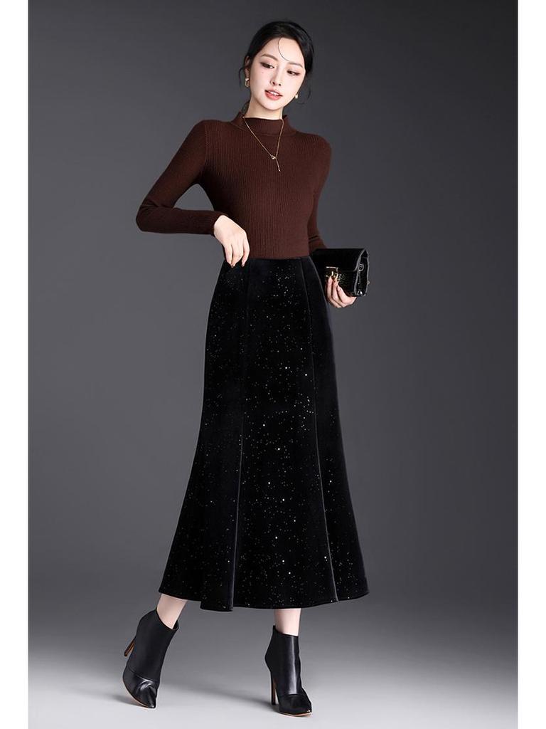 Black Velvet Sequin Fishtail Skirt - 2026 Spring High-Waisted Bodycon Skirt for Commuting