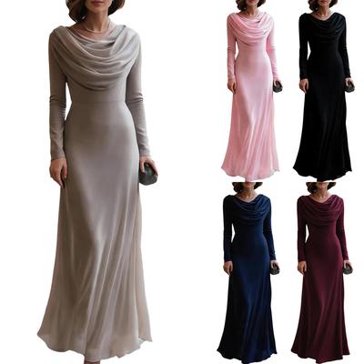 Women's Long Sleeve Cowl Neck Formal Maxi Dress for Evening Banquet & Party Wear