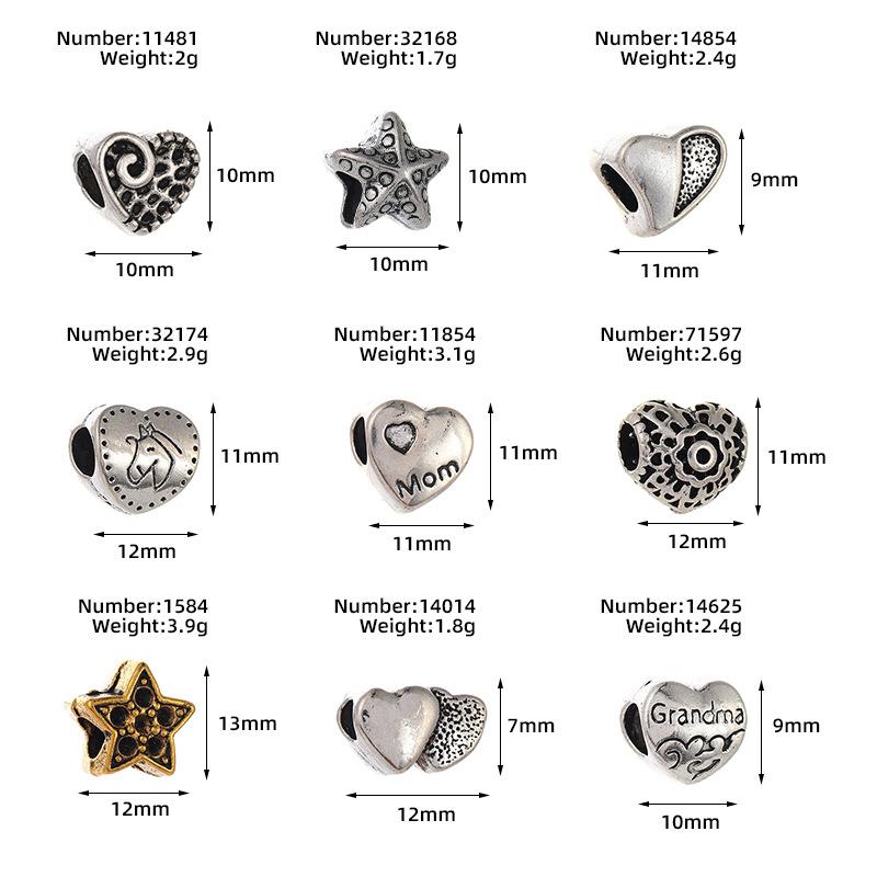 Diy Handmade Ancient Silver Tibetan Silver Jewelry Accessories, Multi-Style Pentagram Love Hole Beads, Bracelet, Alloy Bead Spacer Beads