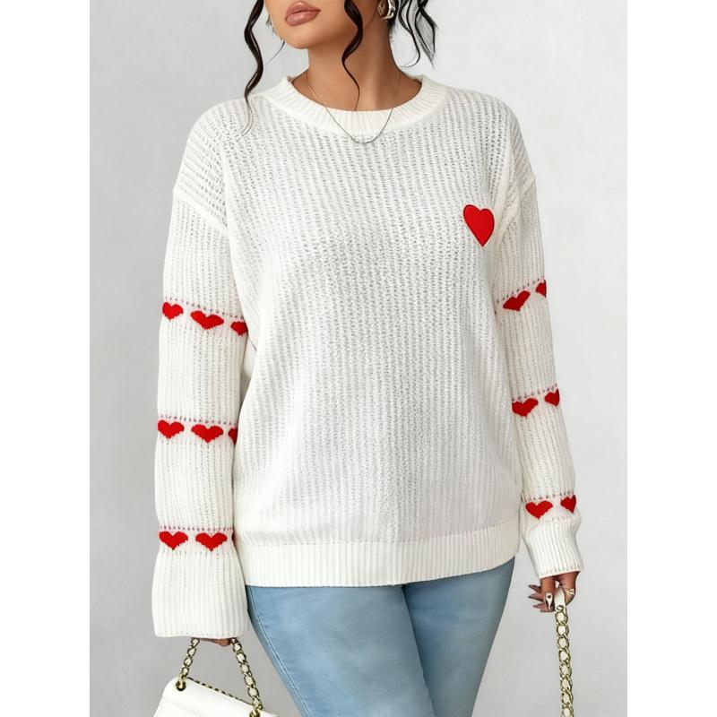 Kontrastfarbe Liebe Jacquard-Strickerei Stickerei Übergröße Damen Lässiger Pullover Lose Oberteil
