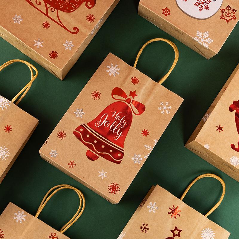 StoBag, Joyful Christmas Kraft Paper Reusable Bags, Party Decor, Packing Presents, Gifts, Candy,  Reindeer Pattern, Snowflake