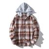 Spring Autumn Men's Checkered Hooded Shirt Man Casual Loose Button Up Plaid Shirts