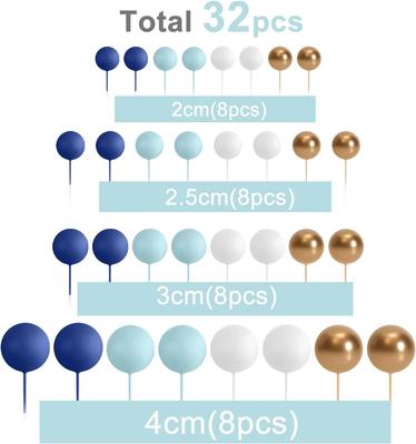 32Pcs Blue Gold Ball Mini Balloons Foam Balls Cake Picks Cake Topper Balls for Wedding Party Birthday Cake Topper Decorations