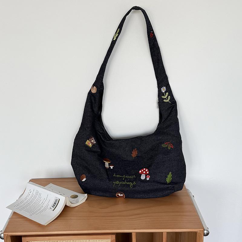 Carto Embroidery Women Denim Shoulder Bags Simple Large Capacity Ladies Underarm Hobos Bag Versatile Girl Tote Handbag Purse