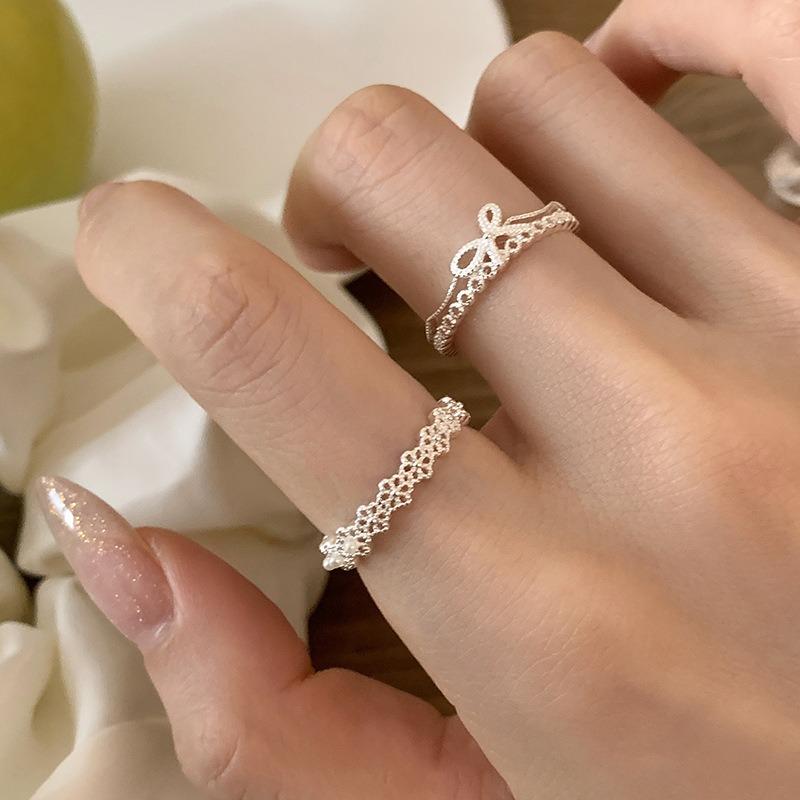 Light Luxury Zircon Bow Flower Pearl Opening Ring Women's Fashion Simple Index Finger Ring Niche High-end Ring