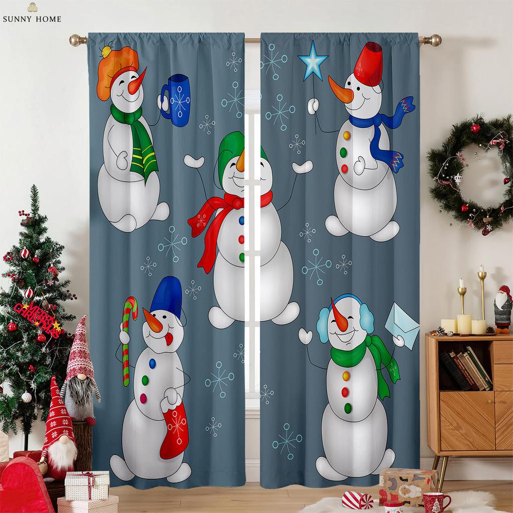 Cartoon Snowman Christmas Decorative Curtains Suitable for Bedroom Restaurant New Year Party Decorative Curtains 2 Pieces