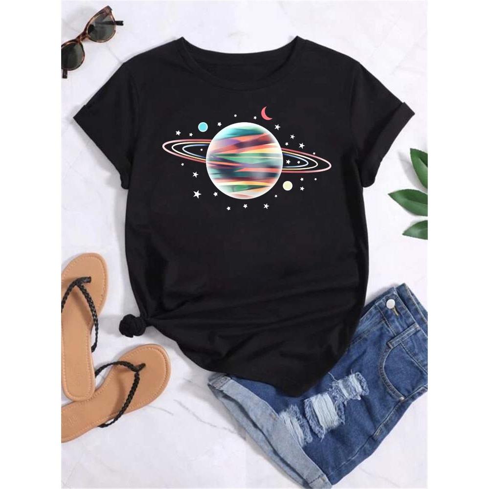 Maycaur T-shirt Dames Maan Planeet Print Mode T-shirts Casual Ronde Hals Korte Mouw Streetwear Dames T-shirt Vintage Tops