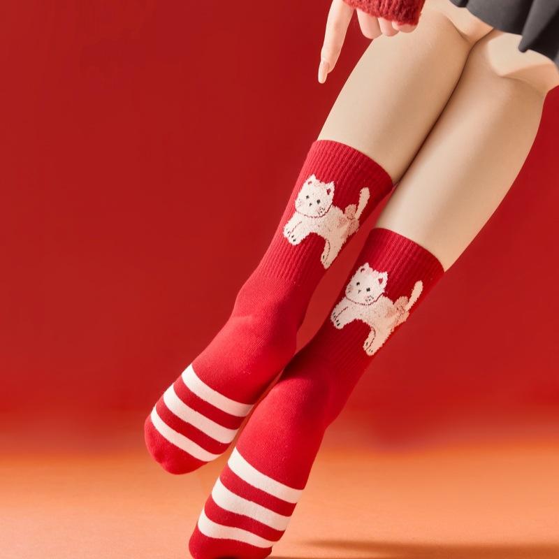 Big Red Socks Cartoon Middle Tube Peace, Joy, Wedding Good Luck Socks Gift Red Socks