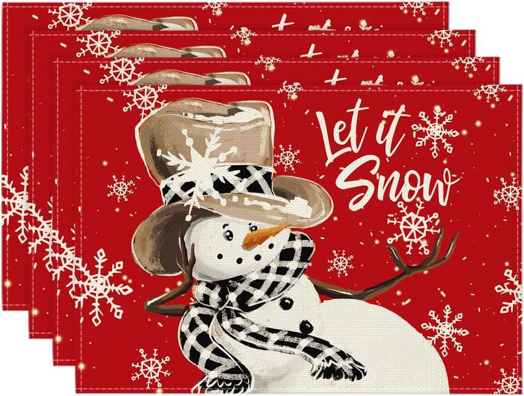 Black Snowman Snowflakes Let it Snow Winter Placemats Set of 4 12x18 Inch Christmas Table Mats for Party Kitchen Dining Decor