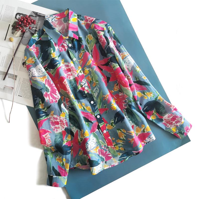 Clearance Women's French Art Print Silk-Cotton Button-Down Long Sleeve Shirt - Medium