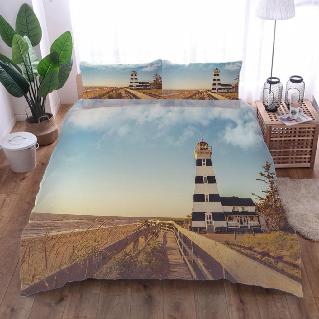 3D Landscape Beach Lighthouse Microfiber Duvet Cover Double Bed 1 Zip Duvet Cover And 2 Pillowcases FashionBedding Collection