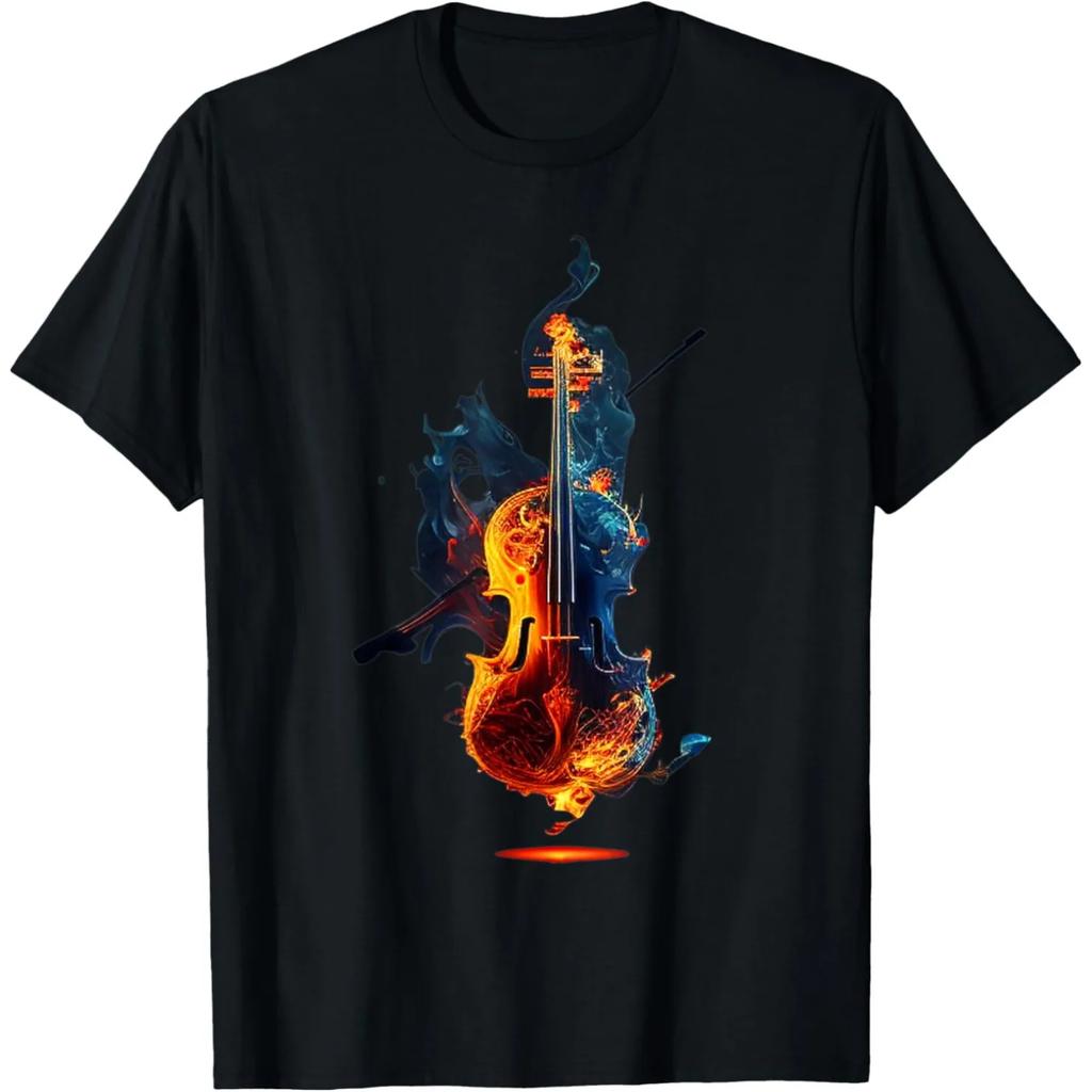 Fiery Blue Smoke Violin Graphic T Shirt Cotton Round Neck Short Sleeve Graphic Tee for Unisex Women