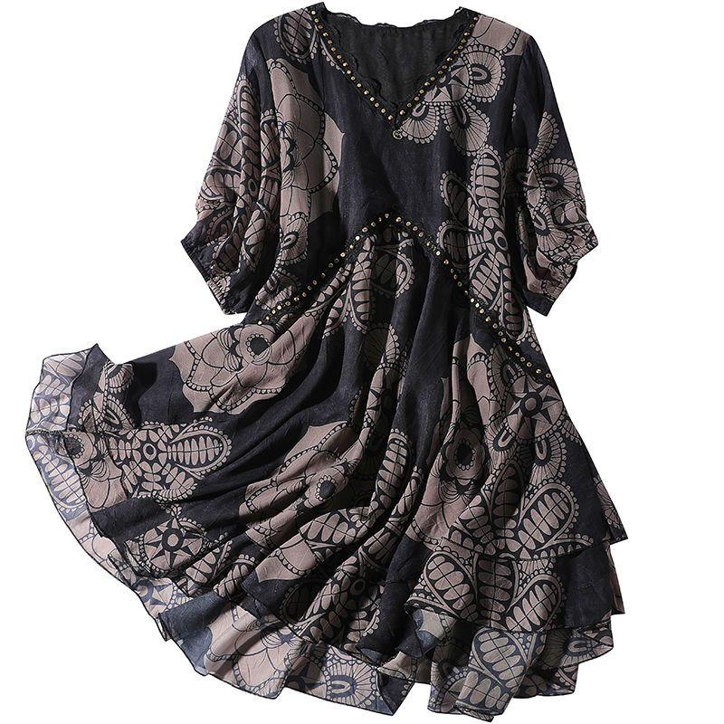 Dress Women Summer Large Size Short Sleeve Loose Printed V-Neck Lace Skirt