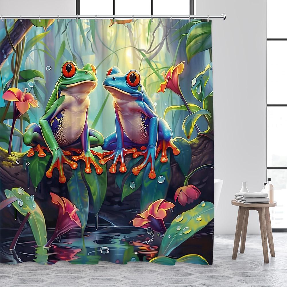 

Forest Frog Shower Curtains Funny Animals Jungle Floral Green Plants Rustic Scenery Bath Curtain Polyester Fabric Bathroom Decor W60H190(CM)-1 Pcs