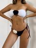 2025 European & American Color Block Rose Bandeau Tie-Up Split Bikini Swimsuit