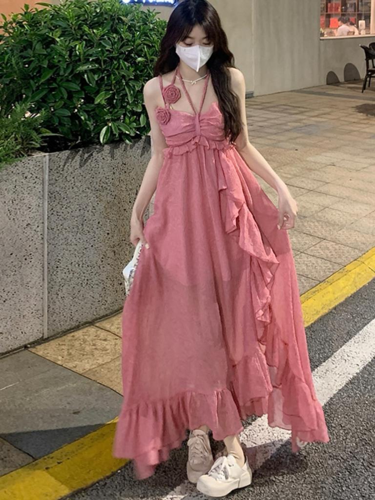 Backless Irregular Summer Dress Women Elegant Pink Elegant Strap Flower Slim Ladies Jacquard A Line Holiday Dresses