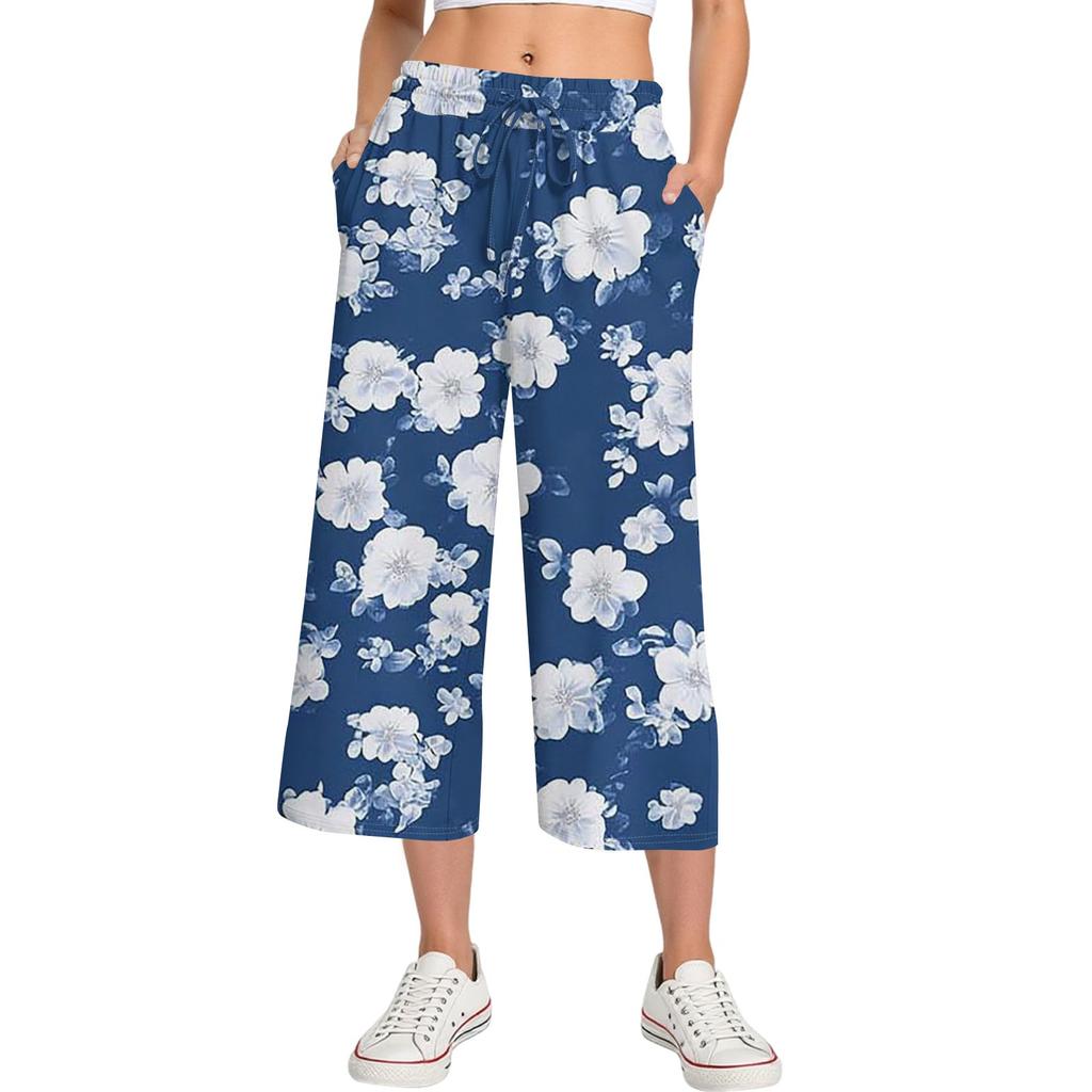 Damen Sommer Hohe Taille Bedruckte Freizeit-Sportbekleidung Lässige Cropped-Hose Weite Hose