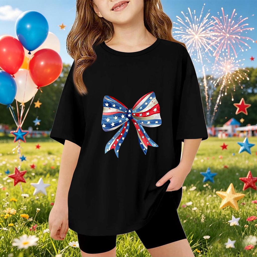 Kids Short Sleeve T-Shirt Independence Day Print Top American Style Bow Graphic Tee Casual Fit Comfortable Fabric