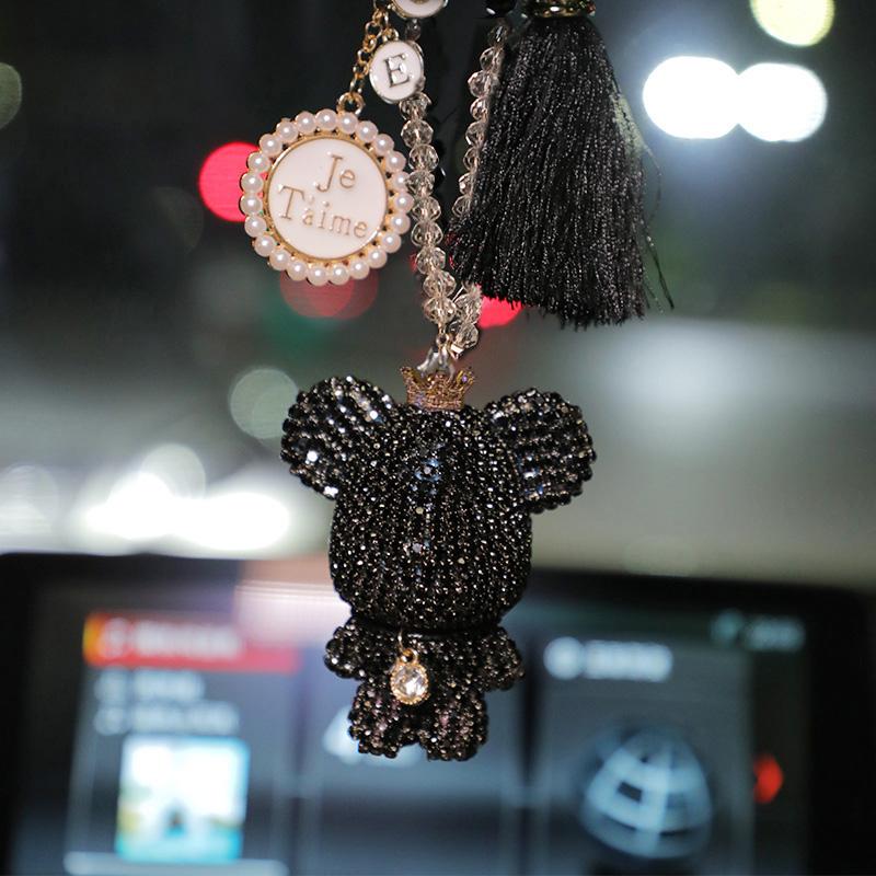 Fashion Crystal Cartoon Gloomy Bear Car Hanging Ornaments Rhinestone Tassels Crystal Pendant Rear View Mirror Car Decoration