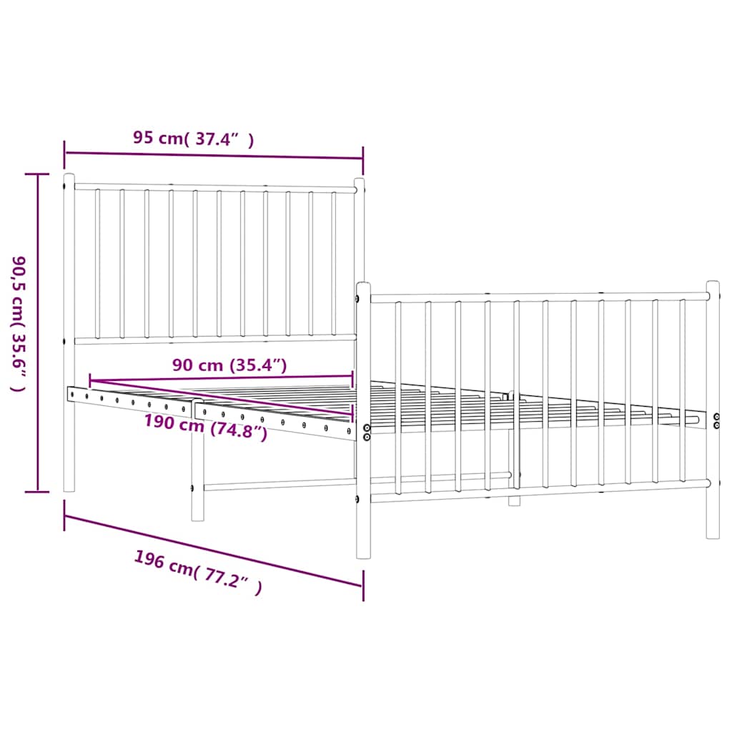 Metal Bed Frame with Headboard and Footboard Black 90x190 cm