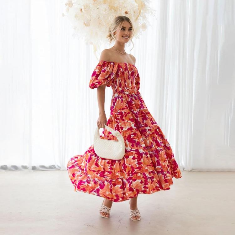 Women's Summer Strapless Print Pleated Dress Short Sleeve Ankle Length Fashion