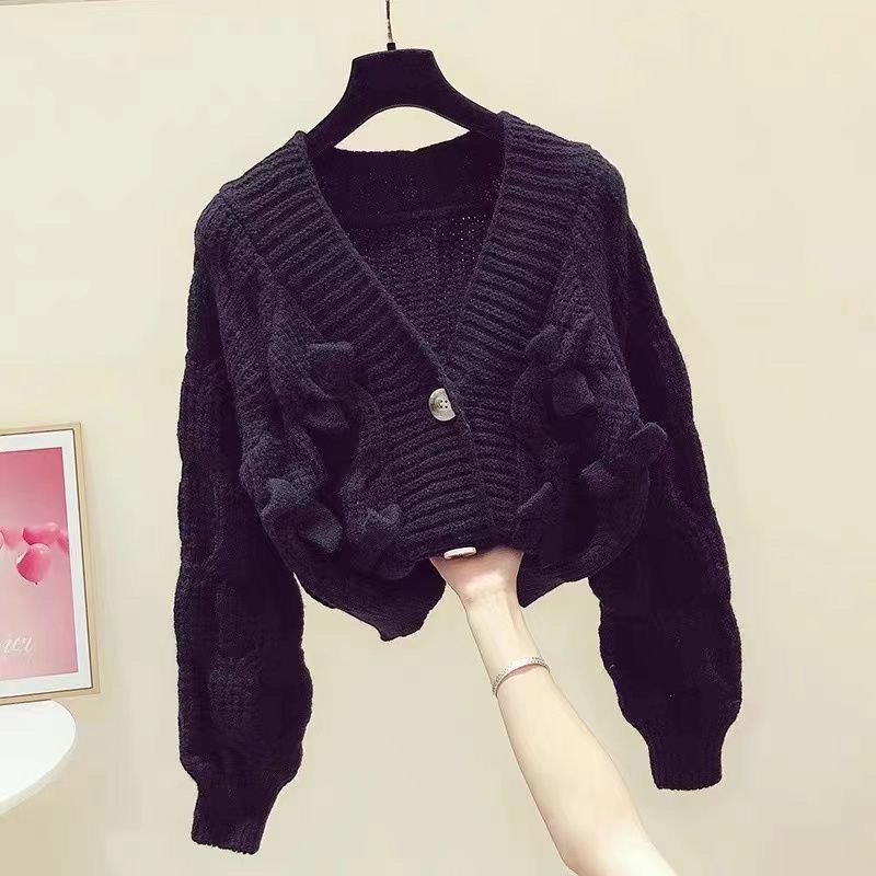 Pullover Damen Herbst und Winter Oberbekleidung Retro Japanischer Lazy Style V-Ausschnitt Schleife Locker gestrickte Strickjacke