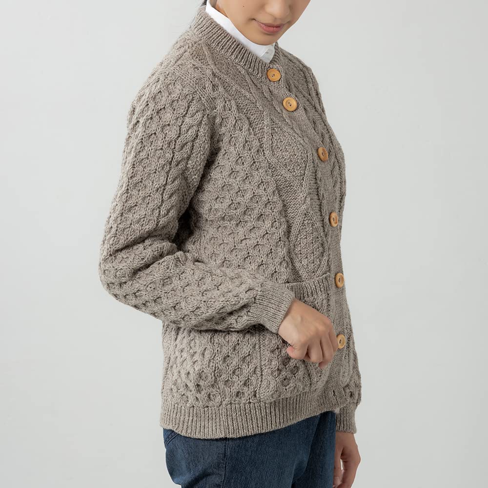 Cooper Cable Crew Neck Made in Winter J.M. Women's Cardigan, England, Wool, Thick, (Size L, Beige)