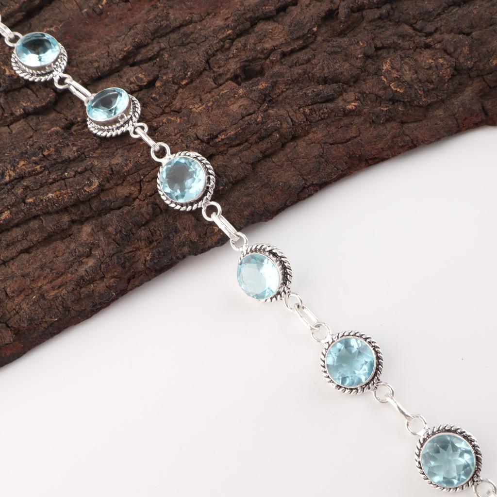 Sky Blue Topaz Gemstone 925 Sterling Silver Handmade Jewelry Boho Bracelet 7-9" RB-16-10