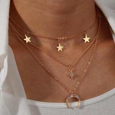 European & American Retro Star Moon Crescent Pendant Layered Necklace