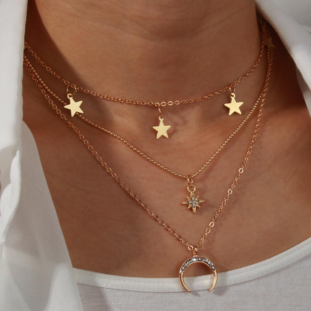 European & American Retro Star Moon Crescent Pendant Layered Necklace
