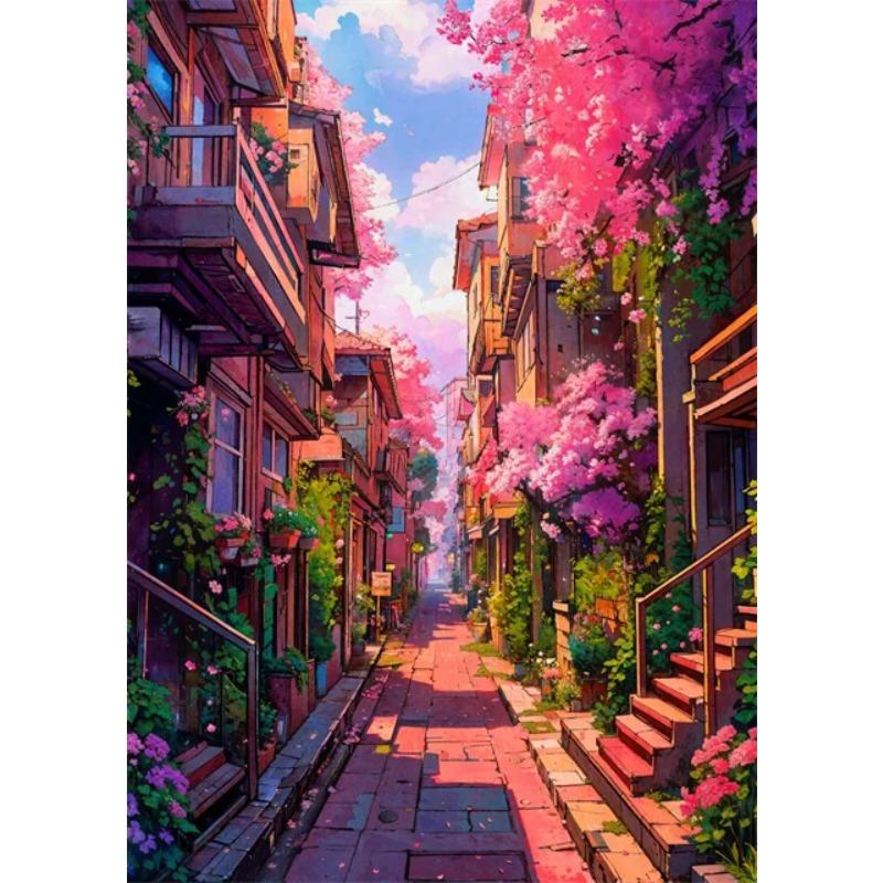 Japanese Street Scenery Cherry Blossom Architecture Canvas Poster Flowers Plants Landscape Wall Art Prints for Modern Home Decor