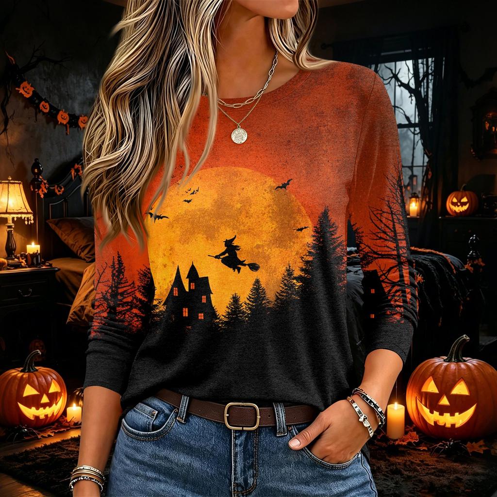 Damen Halloween Print Pullover Top mit langen Ärmeln und Rundhalsausschnitt