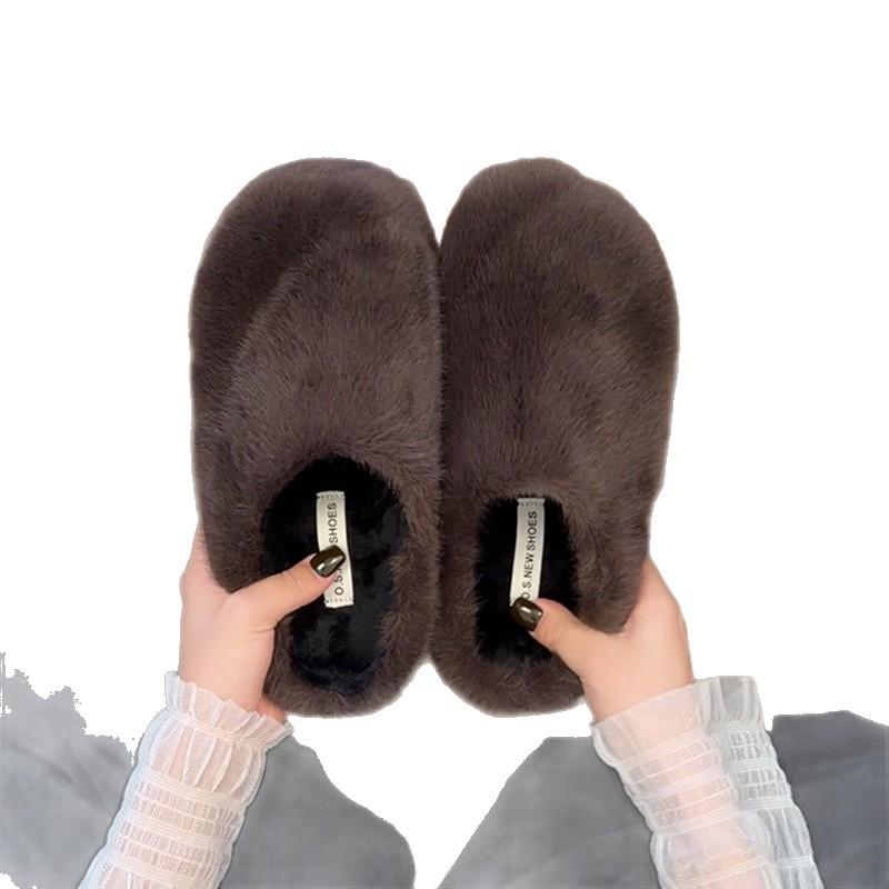 Baotou Wears a Pedal Outside, Flat-bottomed Lazy Cotton Slippers, Women's 2025 Autumn New Casual and Comfortable Fluffy Half Slippers