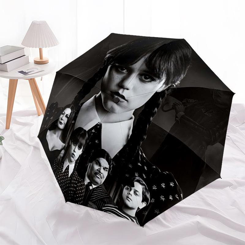 1PC Wednesday Addams Print Umbrella, Featuring Automatic Folding, And Shielding. This Sturdy And Durable Umbrella with Eight Ribs Is Convenient for Ou