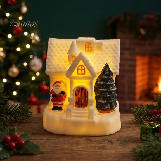 Santa Claus Relief Statue LED Lighted Christmas Village House Statue, Light Up Small Figurines with Miniature Xmas Tree Claus, Collectible Tabletop